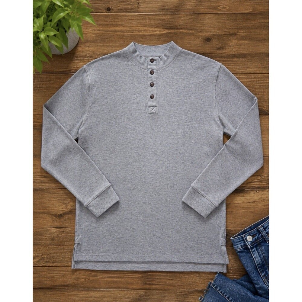 Duluth Trading Co XL Trim Fit Gray Longtail Henley Shirt Stretch Cotton